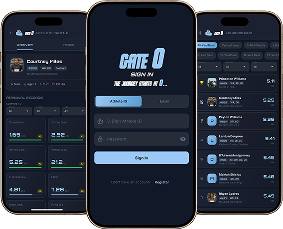Gate 0 app screens: athlete profile, sign in, and live leaderboard